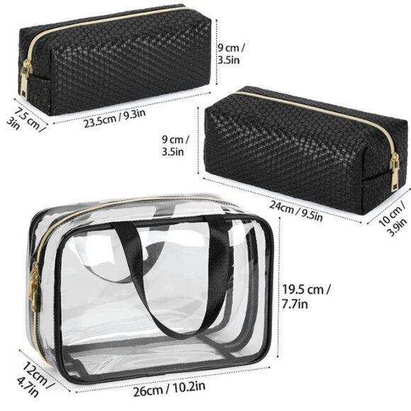 3 Pcs 1 Clear Waterproof Cosmetic Bag, 2 Travel Makeup Bags Leather Weave Makeup - Picture 2 of 5